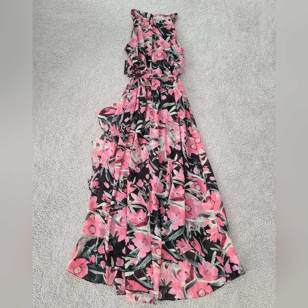 NWT SLNY Belted Women's Pink Floral Print Boat-neck Tiered Sheath Ruffled Dress